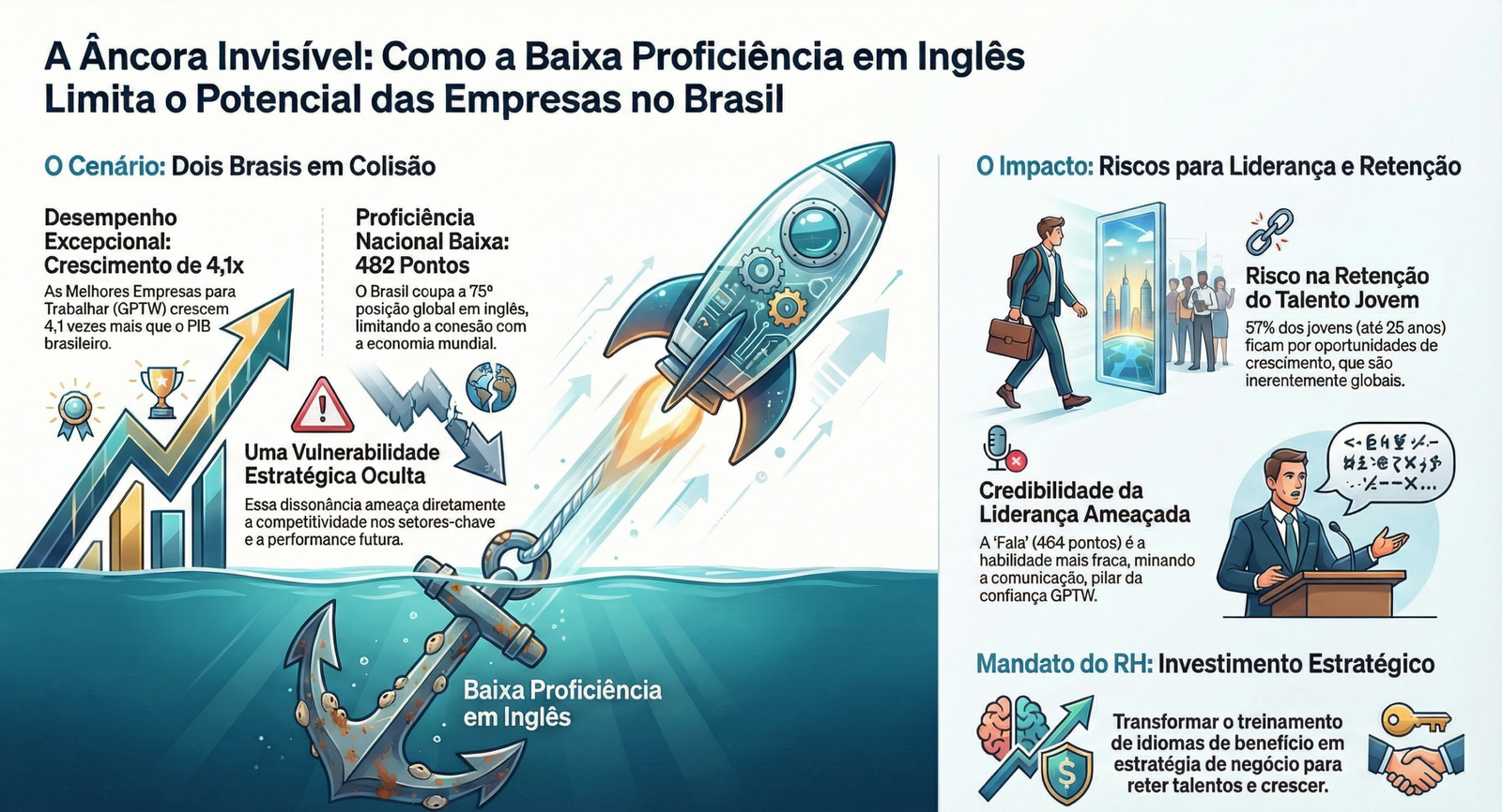 Infográfico sobre a baixa proficiência em inglês e seus impactos em líderes e talentos no Brasil